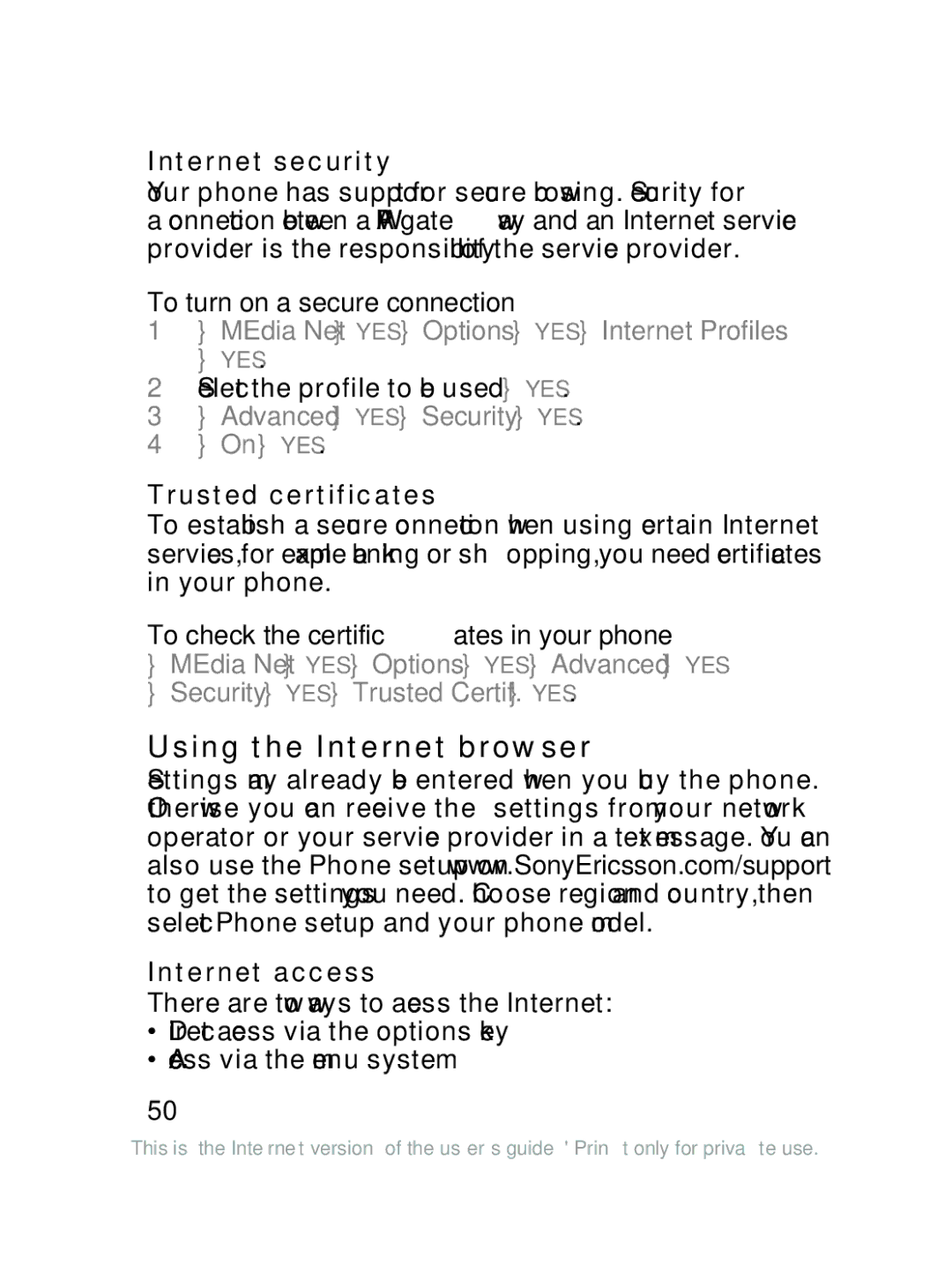 Sony Ericsson J220a manual Using the Internet browser, To turn on a secure connection, Advanced YES Security YES On YES 