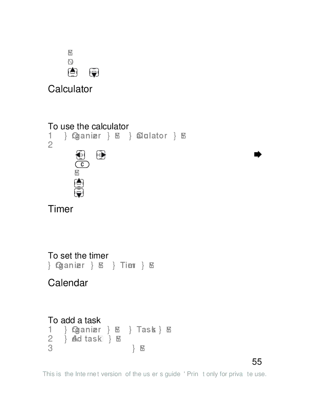 Sony Ericsson J220a manual Calculator, Timer, Calendar 