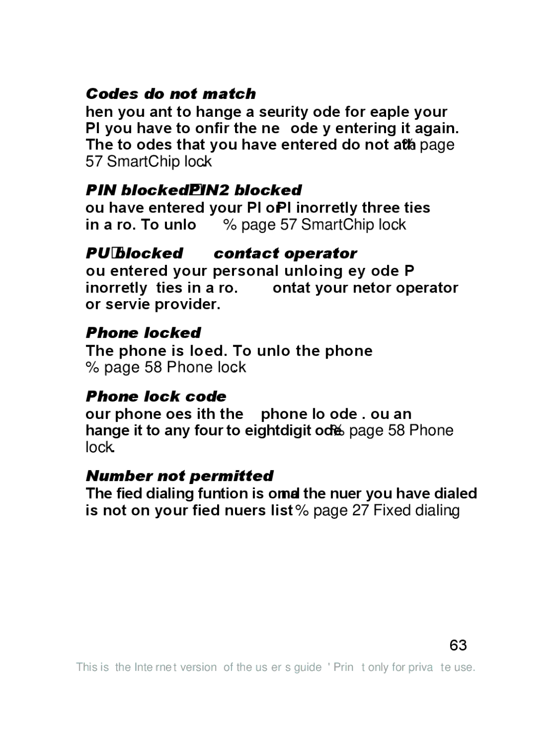 Sony Ericsson J220a manual Codes do not match, PIN blocked/PIN2 blocked, PUK blocked contact operator, Phone locked 