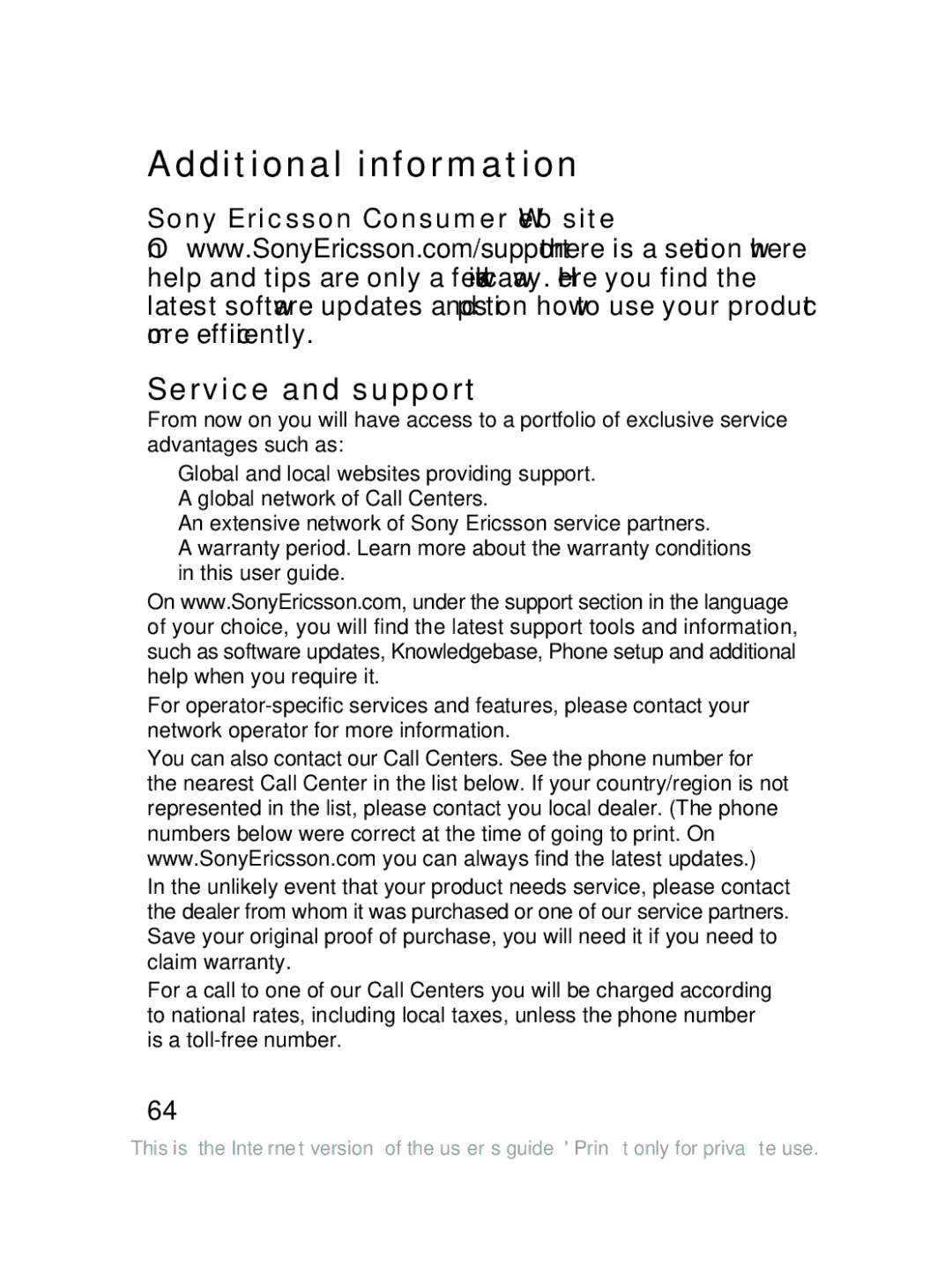 Sony Ericsson J220a manual Additional information, Service and support, Sony Ericsson Consumer Web site 