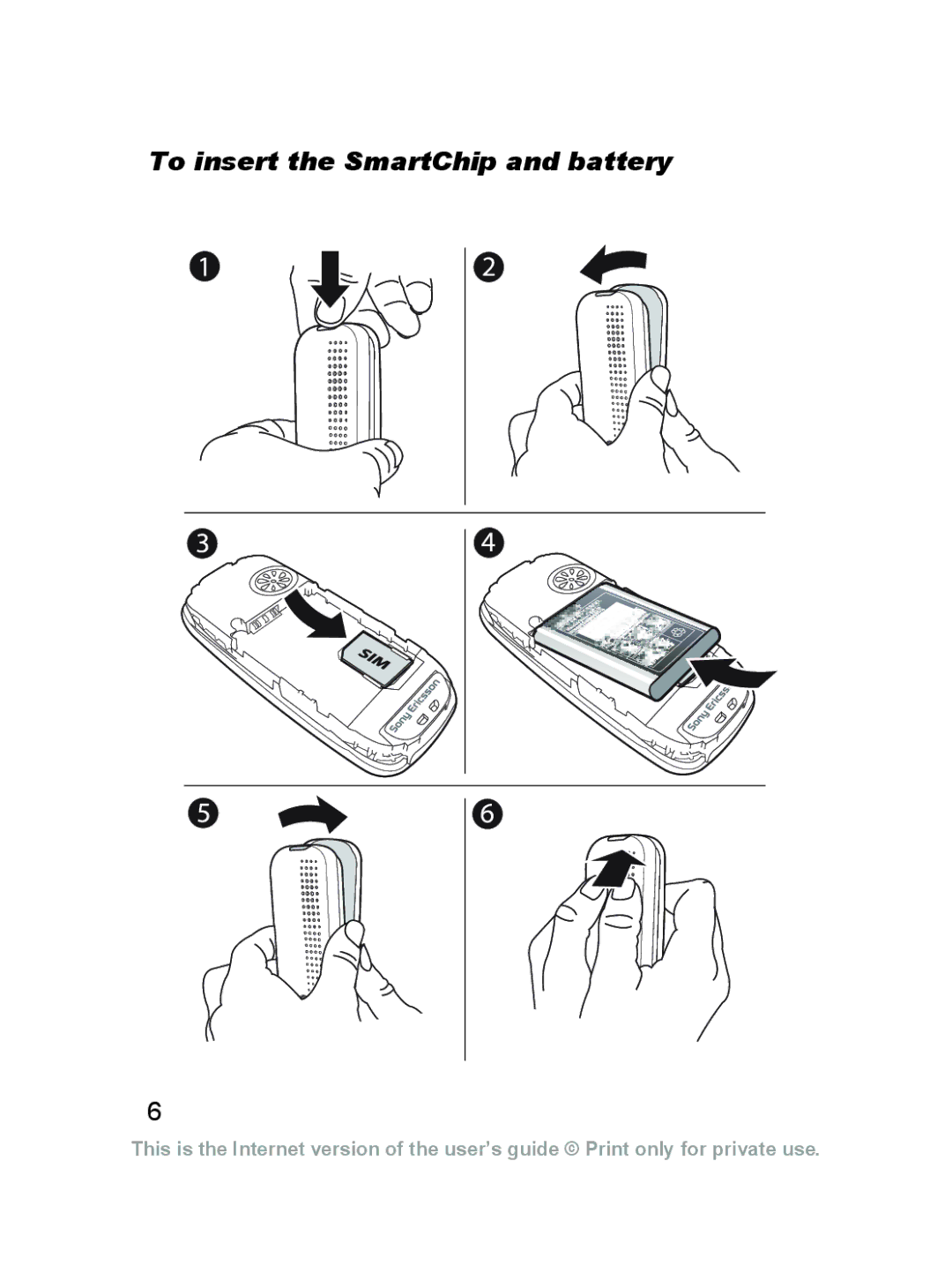 Sony Ericsson J220a manual To insert the SmartChip and battery 