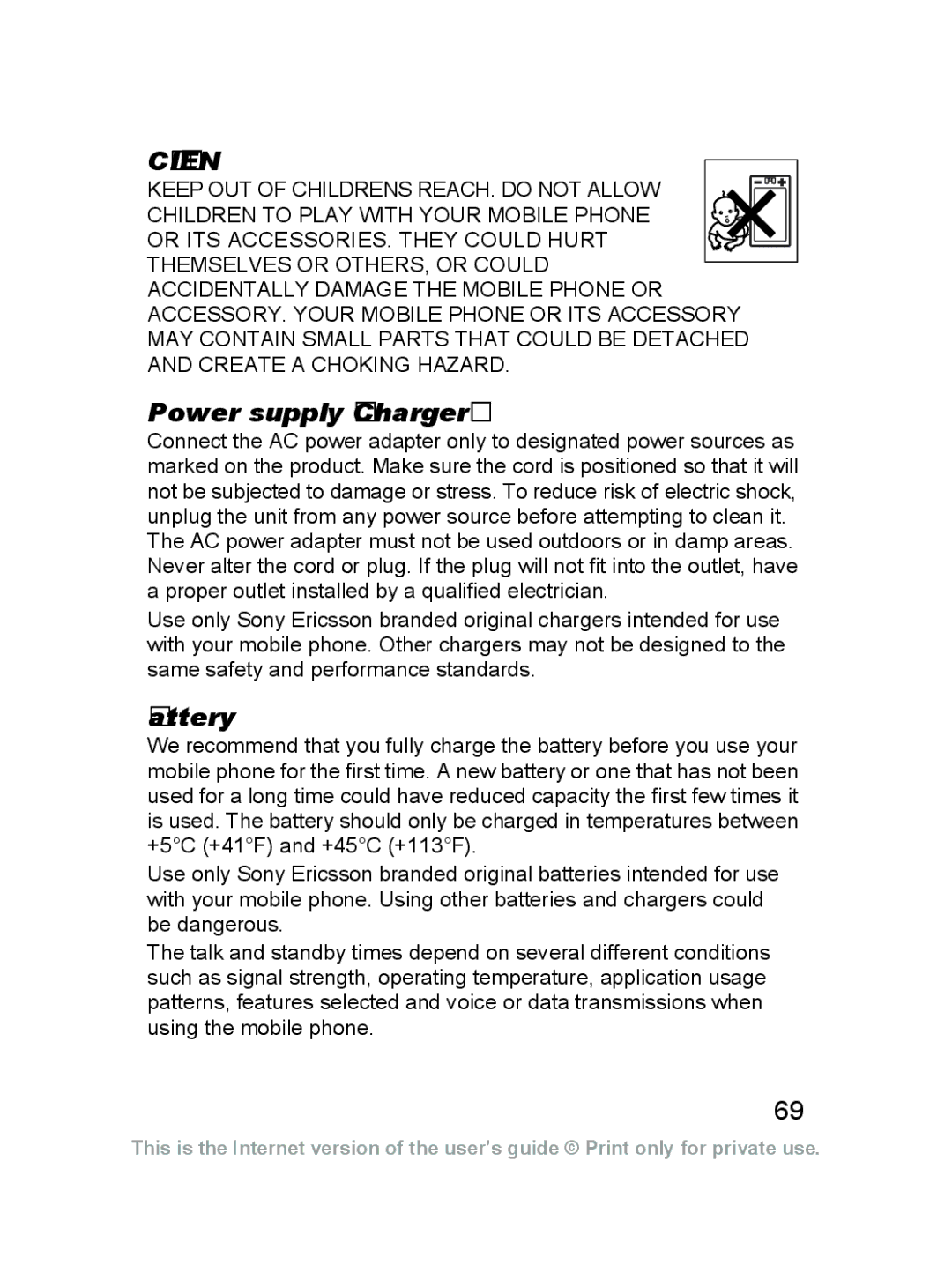 Sony Ericsson J220a manual Power supply Charger, Battery 