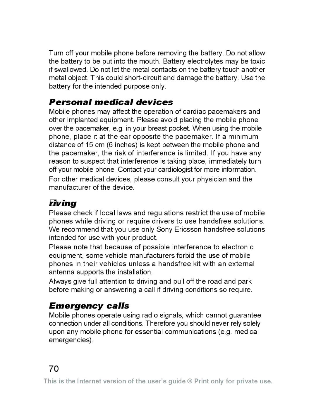 Sony Ericsson J220a manual Personal medical devices, Driving, Emergency calls 