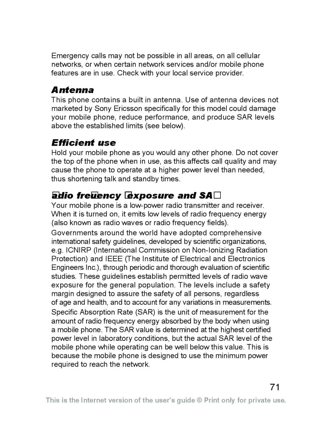 Sony Ericsson J220a manual Antenna, Efficient use, Radio frequency RF exposure and SAR 