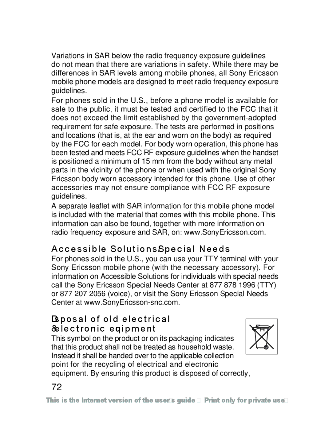 Sony Ericsson J220a manual Accessible Solutions/Special Needs, Disposal of old electrical & electronic equipment 