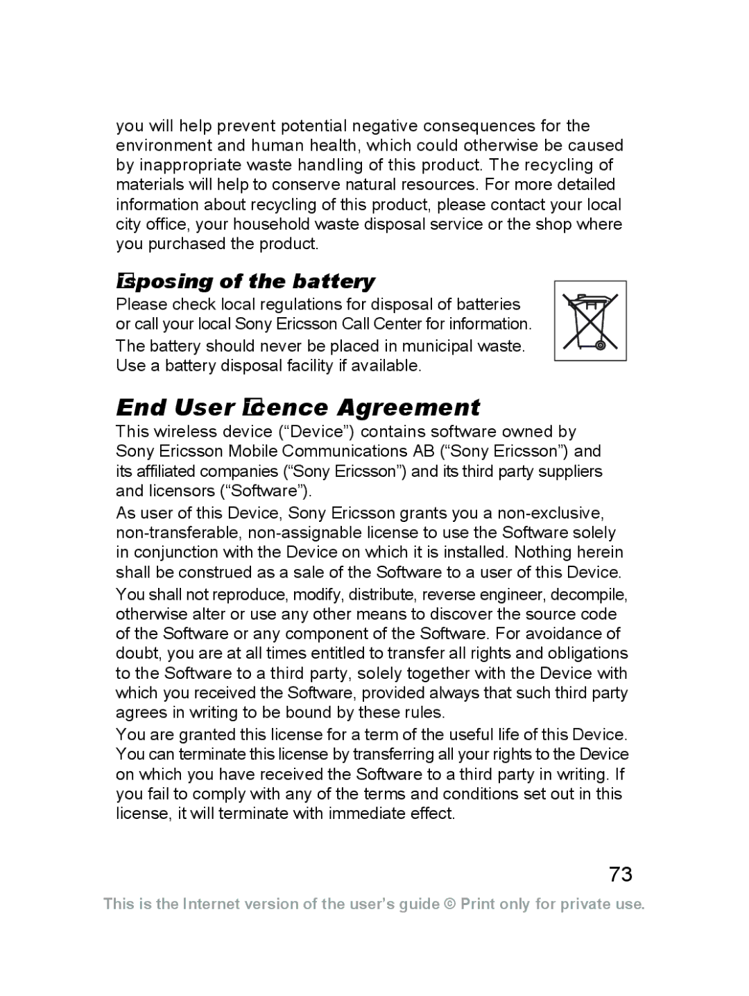 Sony Ericsson J220a manual End User Licence Agreement, Disposing of the battery 