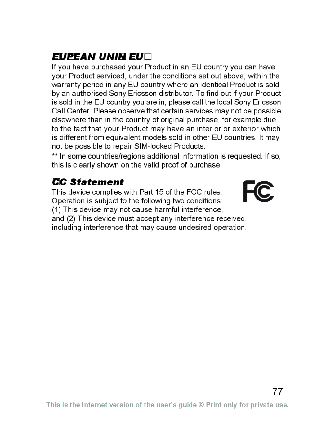 Sony Ericsson J220a manual European Union EU, FCC Statement 