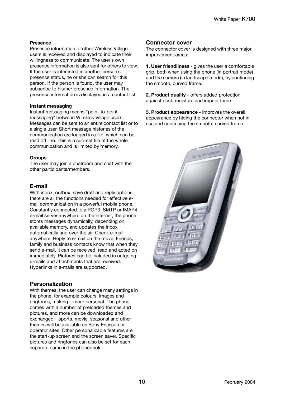 Sony Ericsson K700 manual Mail, Personalization, Connector cover 