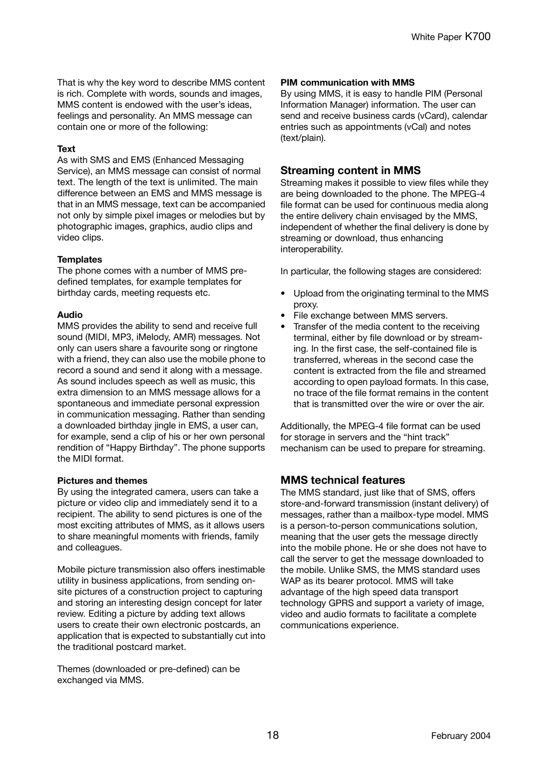 Sony Ericsson K700 manual Streaming content in MMS, MMS technical features 