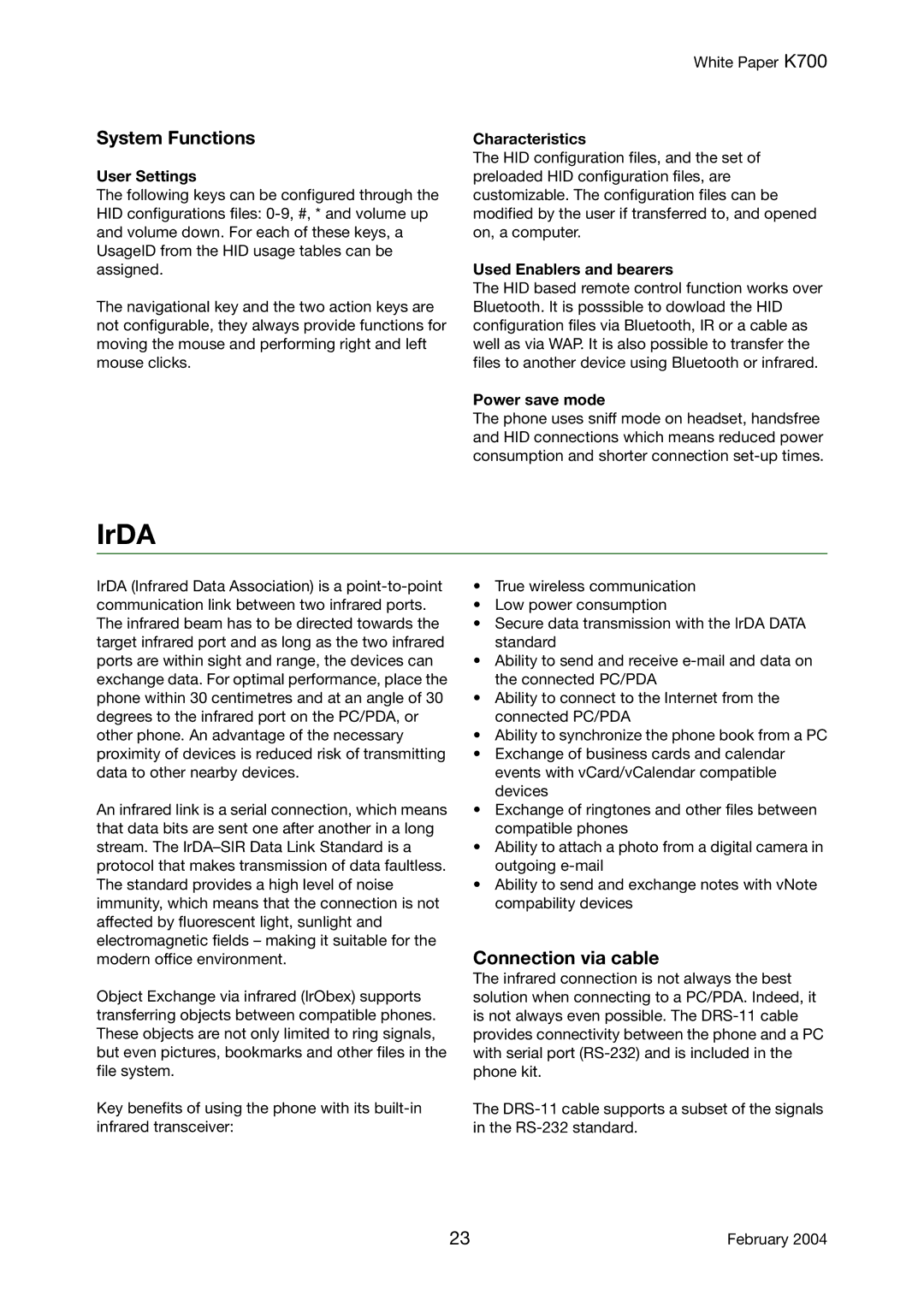 Sony Ericsson K700 manual IrDA, System Functions, Connection via cable 