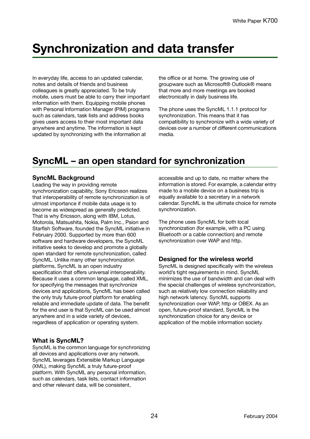 Sony Ericsson K700 manual Synchronization and data transfer, SyncML an open standard for synchronization, SyncML Background 