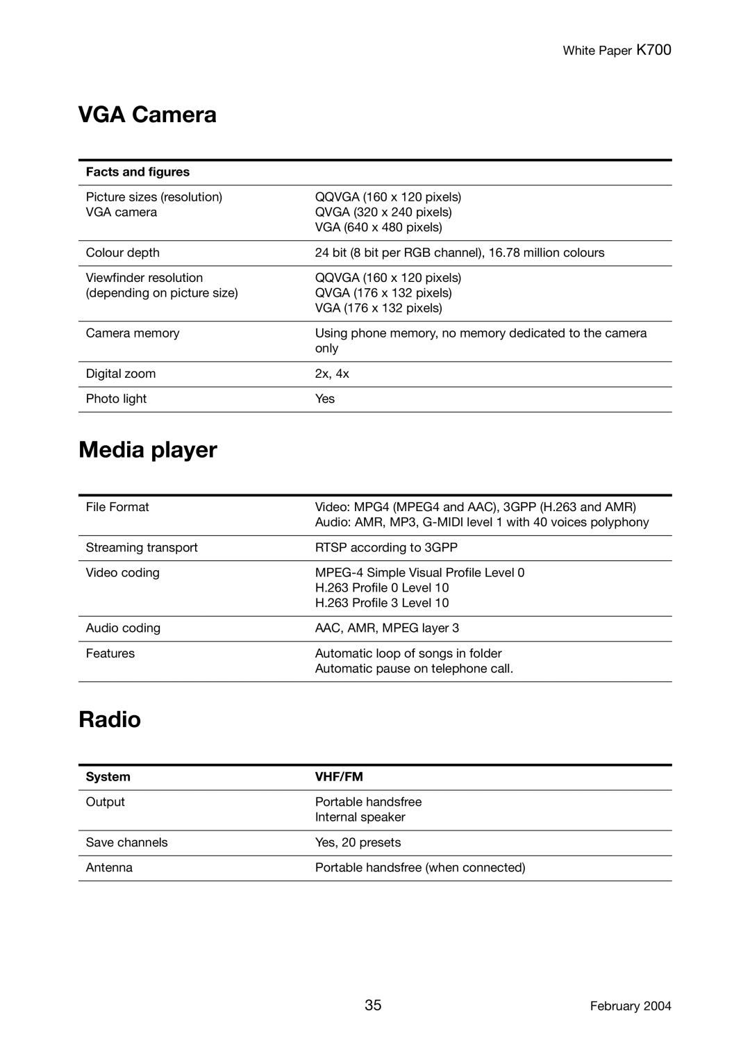 Sony Ericsson K700 manual Radio, Facts and figures, System, Vhf/Fm 