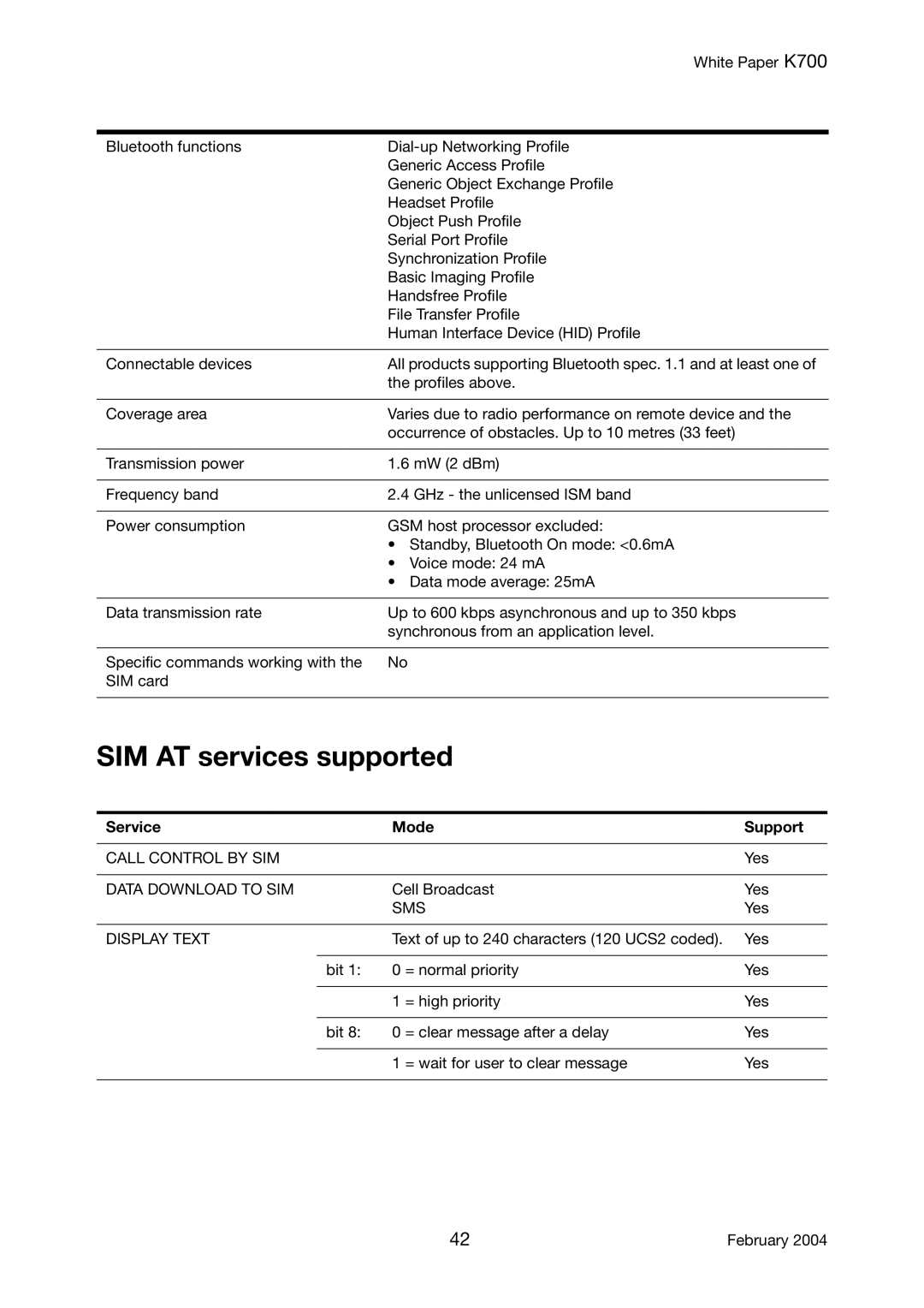 Sony Ericsson K700 manual SIM AT services supported, Service Mode Support, Call Control by SIM, Data Download to SIM 