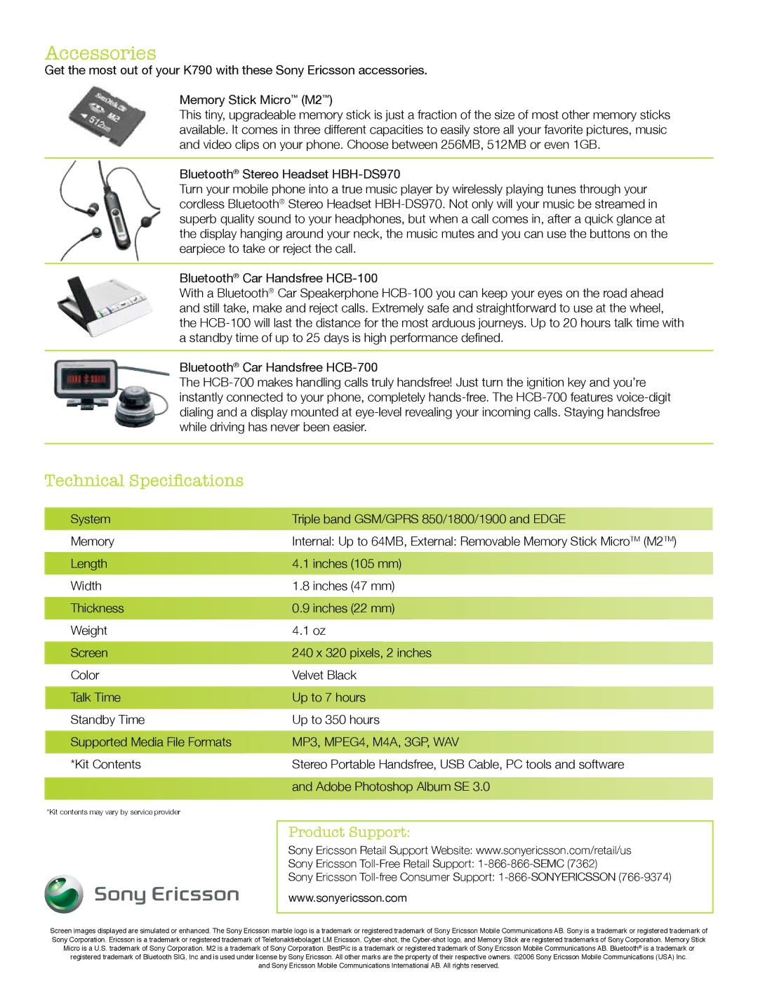 Sony Ericsson K790 manual Accessories, Product Support, MP3, MPEG4, M4A, 3GP, WAV 