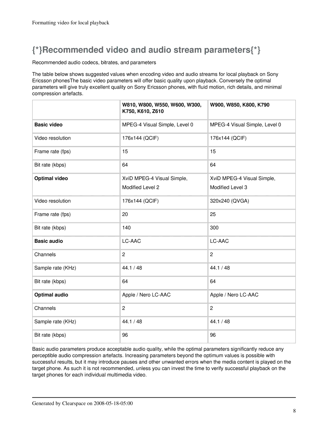 Sony Ericsson K618i, K800i, K610im Recommended video and audio stream parameters, Optimal video, Basic audio, Optimal audio 