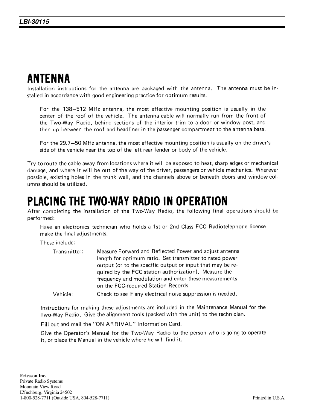 Sony Ericsson LBI-30115C installation manual Ericsson Inc 