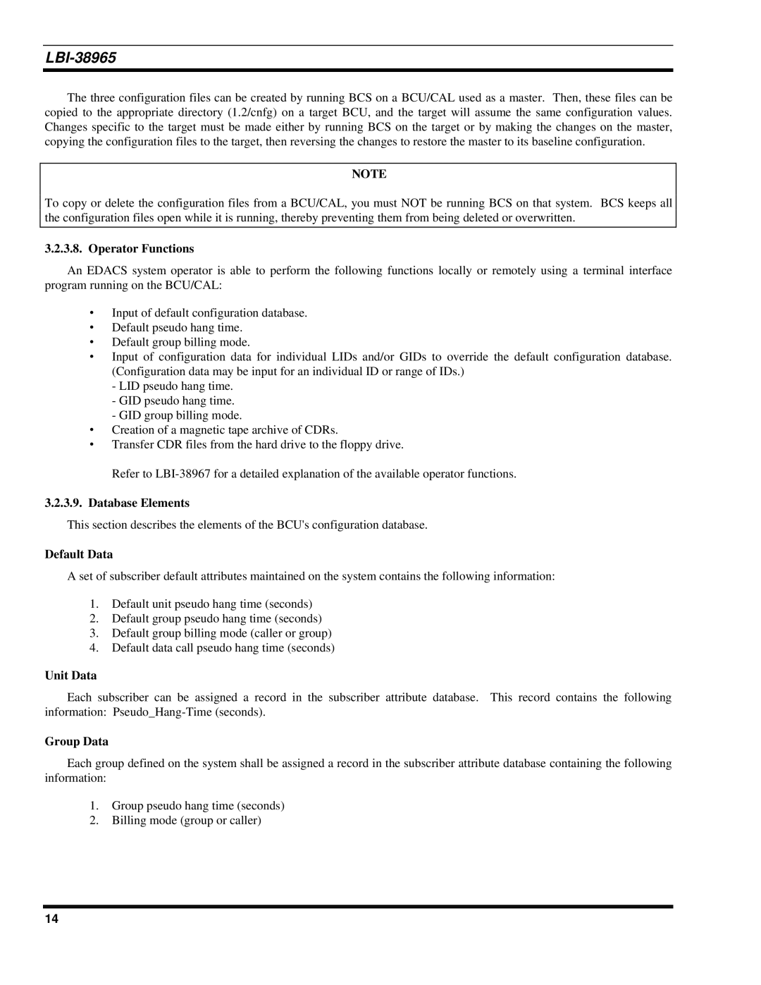 Sony Ericsson LBI-38965 installation manual Operator Functions, Database Elements, Default Data, Unit Data, Group Data 