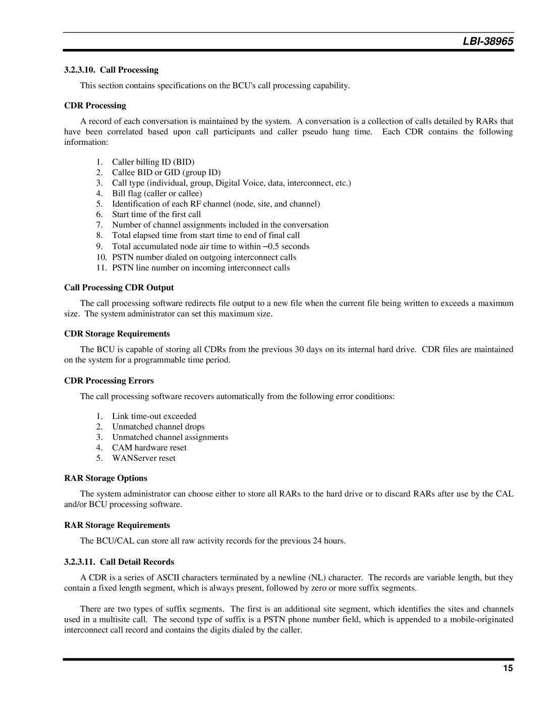 Sony Ericsson LBI-38965 Call Processing CDR Output, CDR Storage Requirements, CDR Processing Errors 