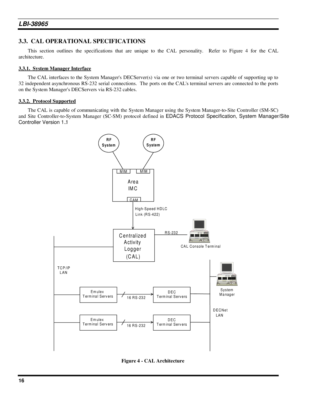 Sony Ericsson LBI-38965 installation manual CAL Operational Specifications, System Manager Interface, Protocol Supported 