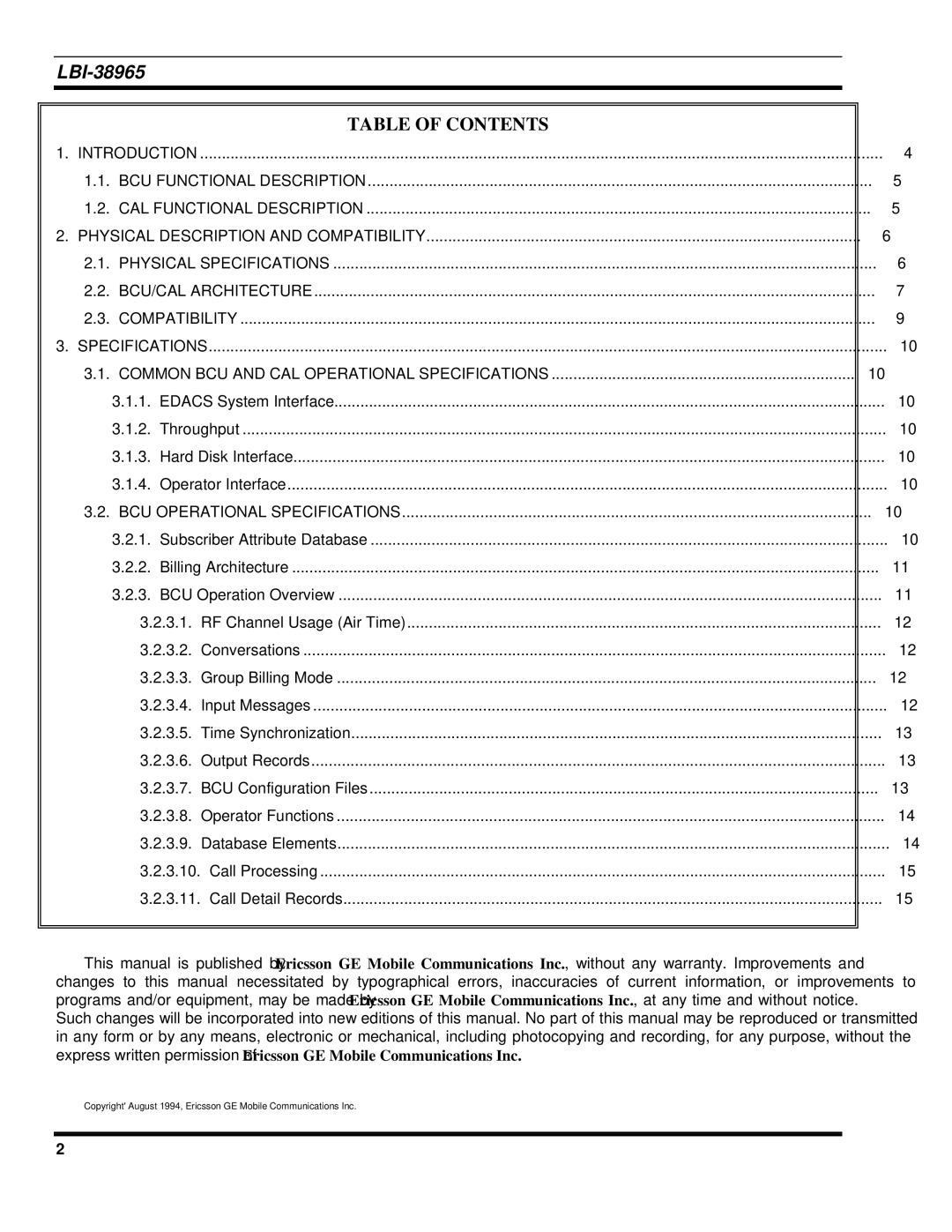 Sony Ericsson LBI-38965 installation manual Table of Contents 