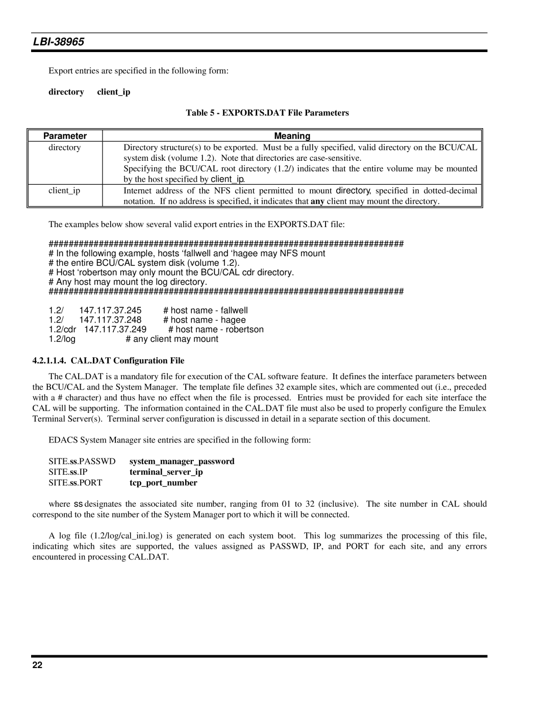 Sony Ericsson LBI-38965 installation manual Directory Clientip EXPORTS.DAT File Parameters, CAL.DAT Configuration File 