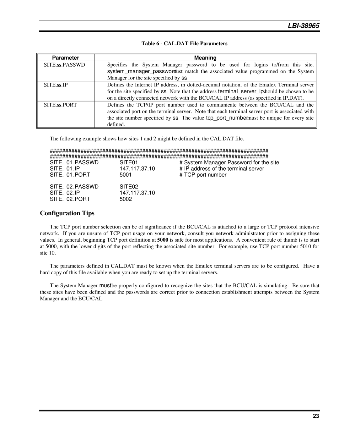 Sony Ericsson LBI-38965 installation manual CAL.DAT File Parameters, SITE01 