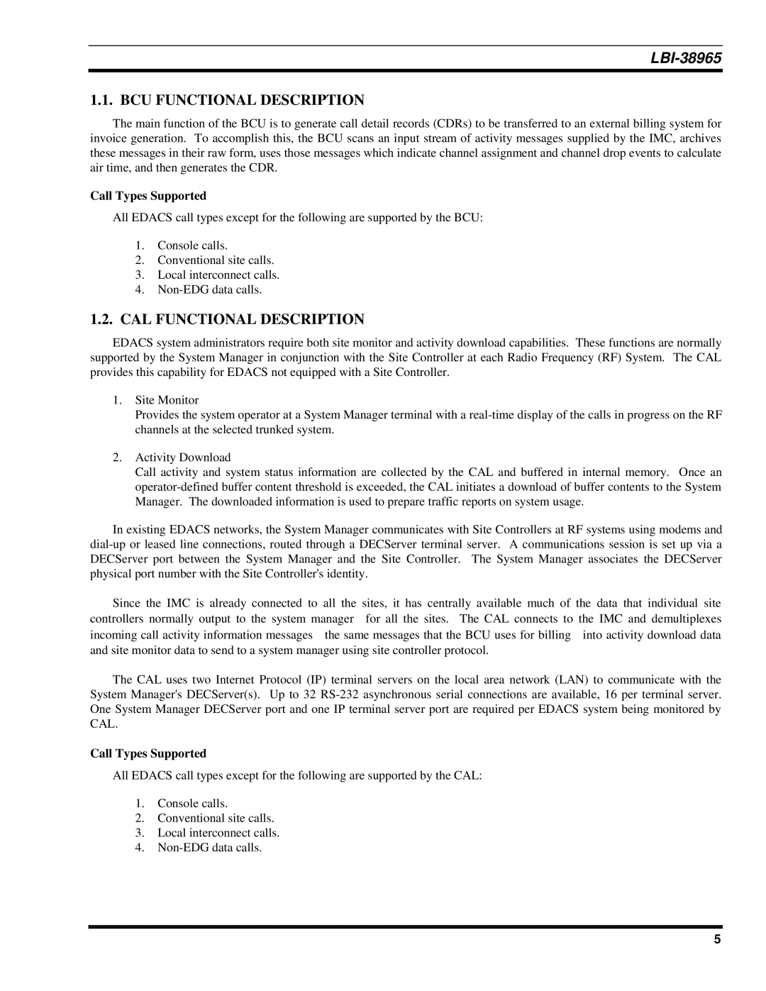 Sony Ericsson LBI-38965 installation manual BCU Functional Description, CAL Functional Description, Call Types Supported 