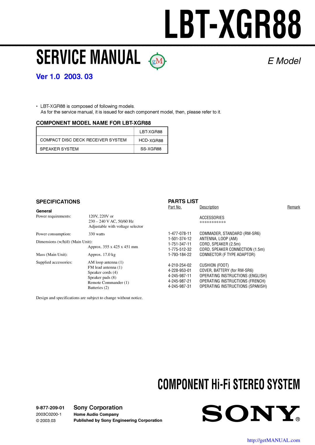 Sony Ericsson LBT-XGR88 specifications Model, Component Hi-Fi Stereo System, Ver 1.0 2003, Sony Corporation 