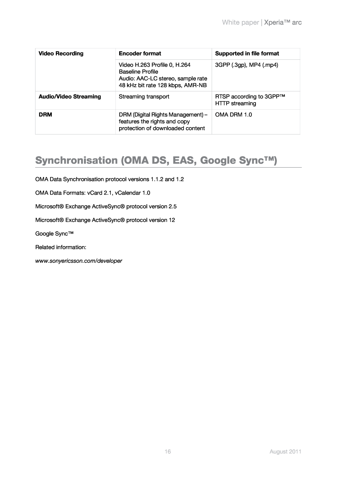 Sony Ericsson LT15a, LT15i manual Synchronisation OMA DS, EAS, Google Sync, White paper Xperia arc, August 