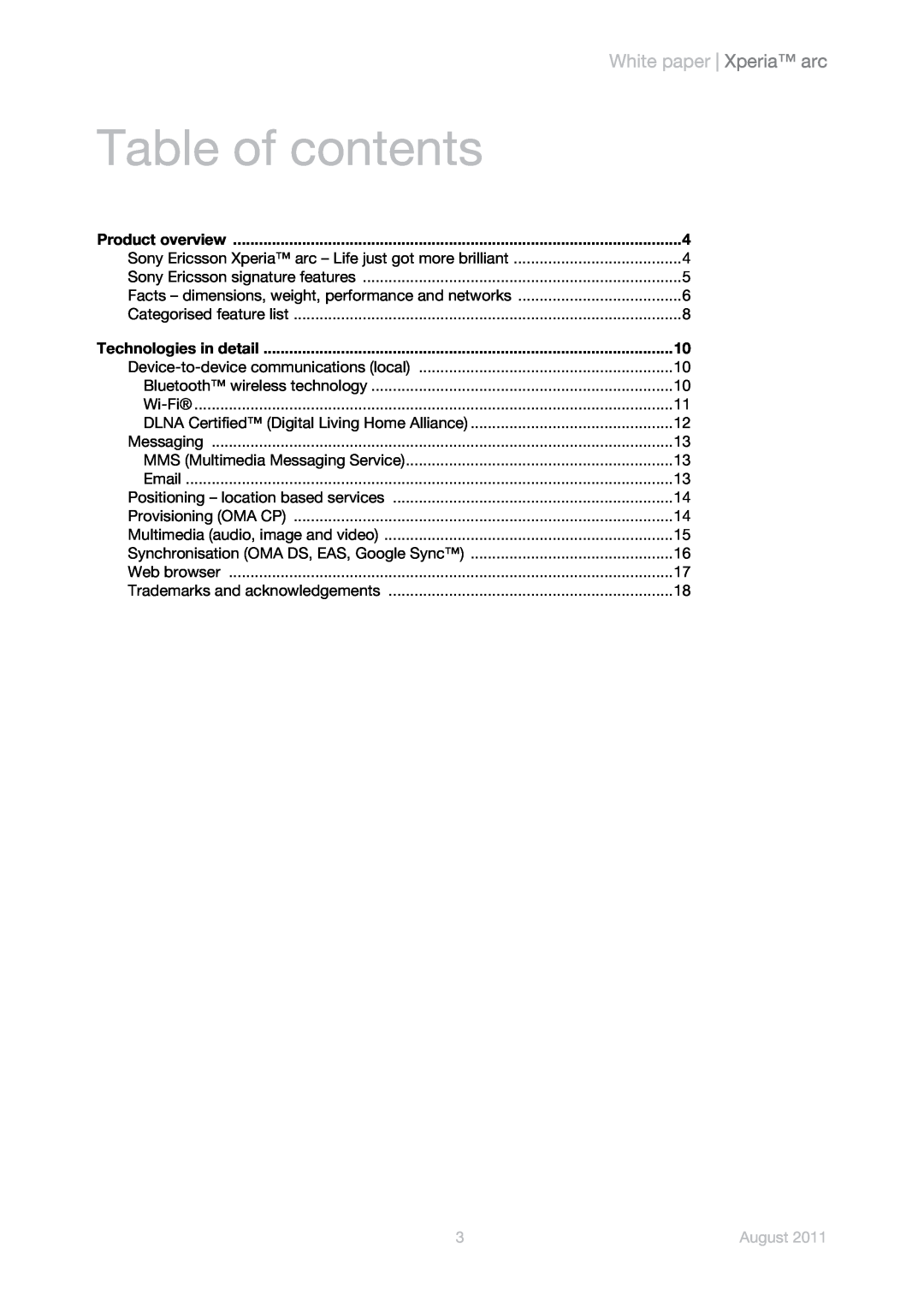 Sony Ericsson LT15i, LT15a manual Table of contents, White paper Xperia arc, August 