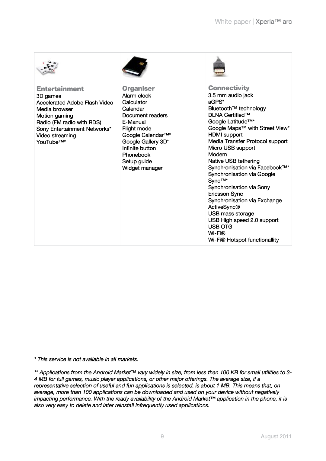 Sony Ericsson LT15i, LT15a manual Entertainment, Organiser, Connectivity, White paper Xperia arc, August 