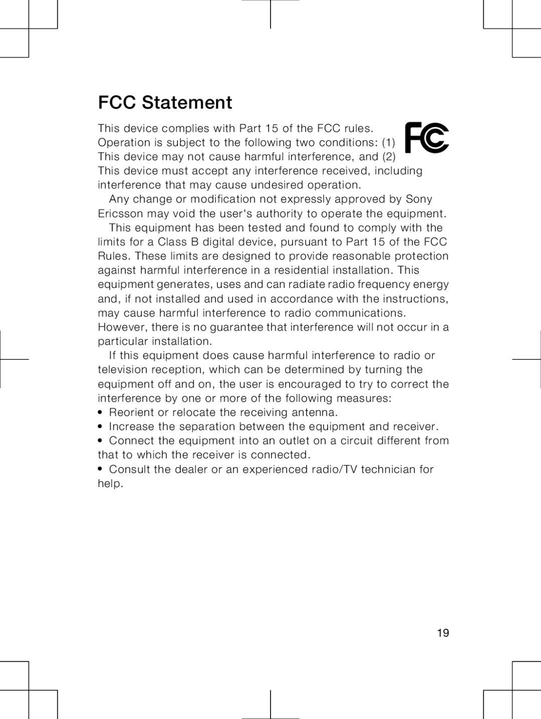 Sony Ericsson M1A manual FCC Statement 