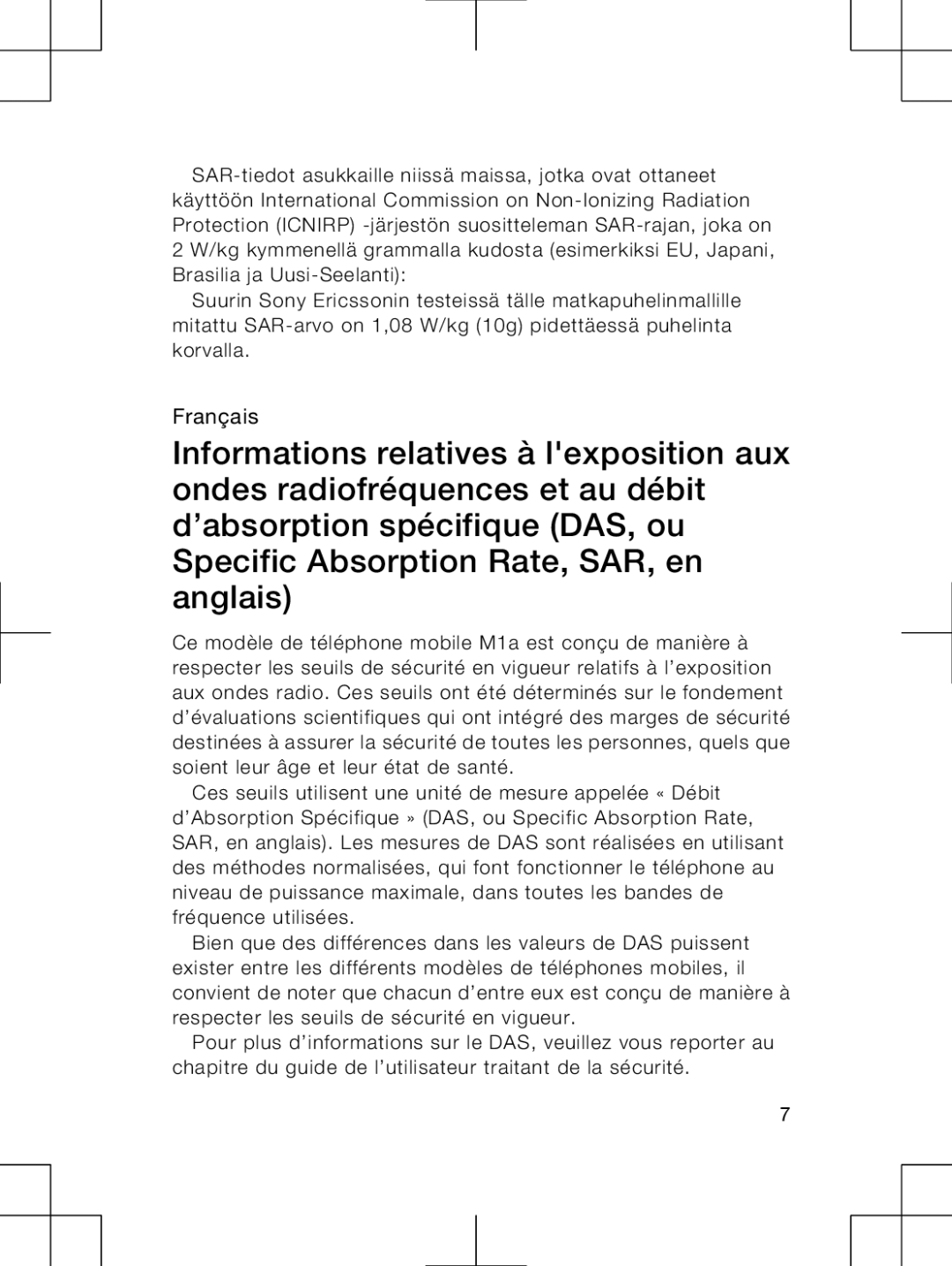 Sony Ericsson M1A manual Français 