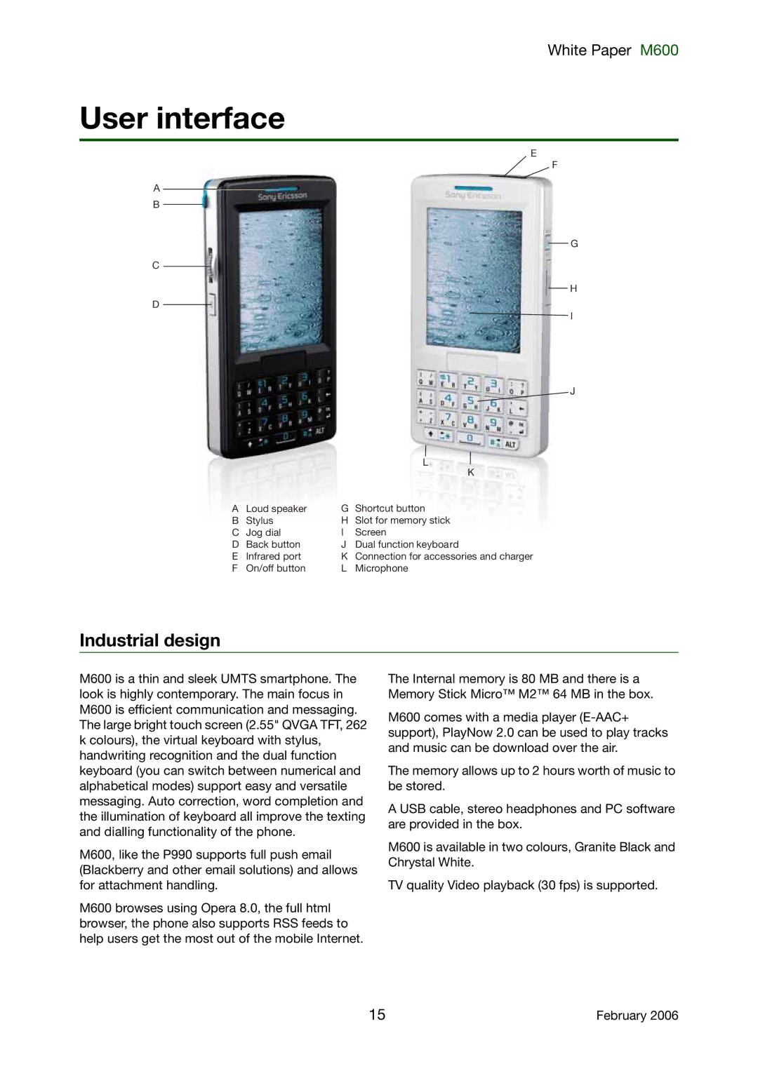 Sony Ericsson M600 manual User interface, Industrial design 