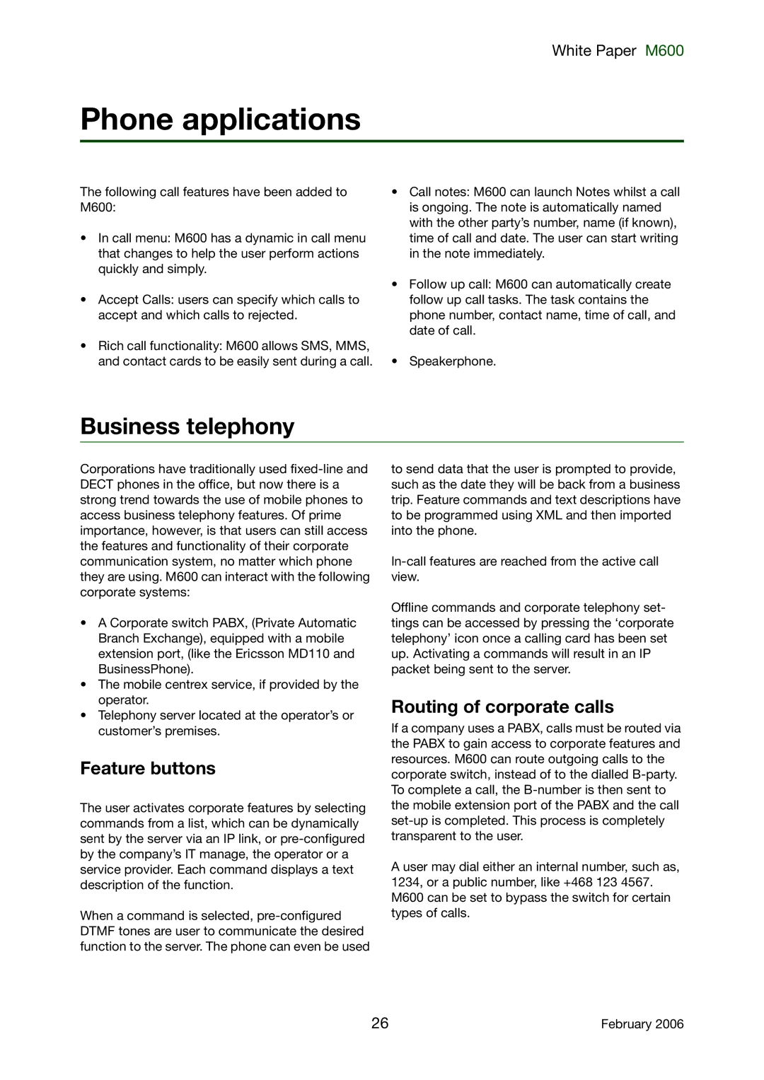 Sony Ericsson M600 manual Phone applications, Business telephony, Feature buttons, Routing of corporate calls 