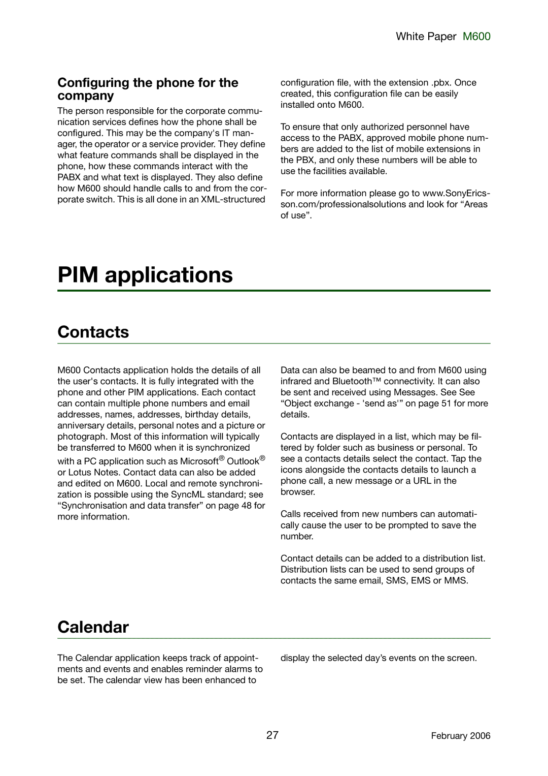 Sony Ericsson M600 manual PIM applications, Contacts, Calendar, Configuring the phone for the company 