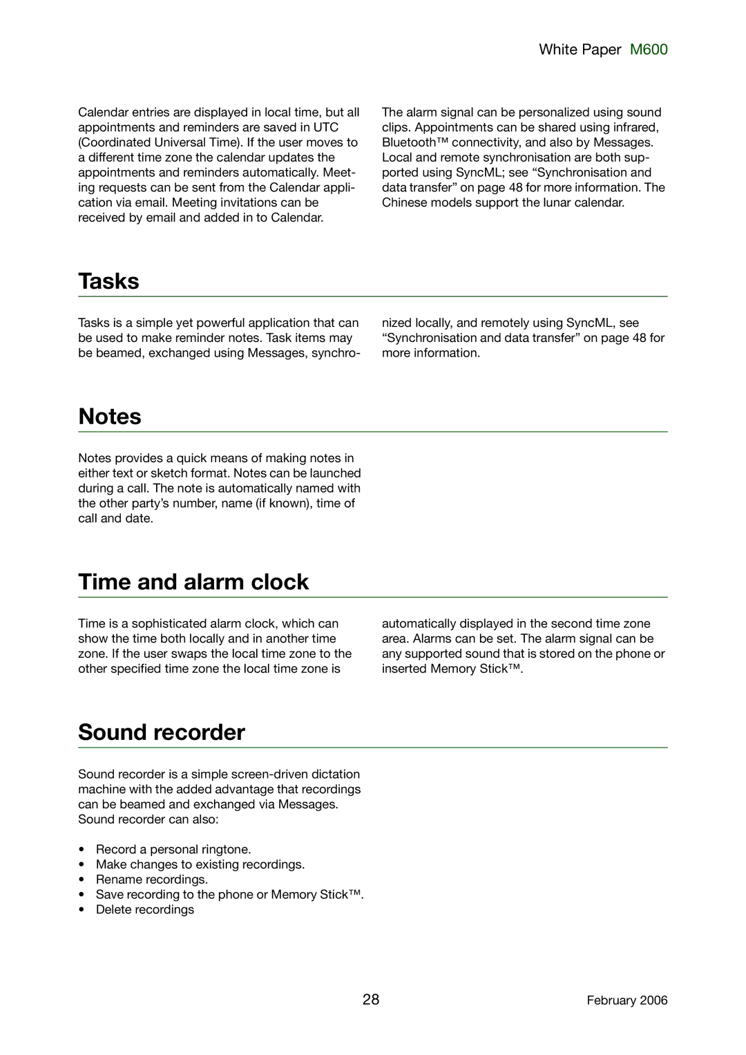 Sony Ericsson M600 manual Tasks, Time and alarm clock, Sound recorder 