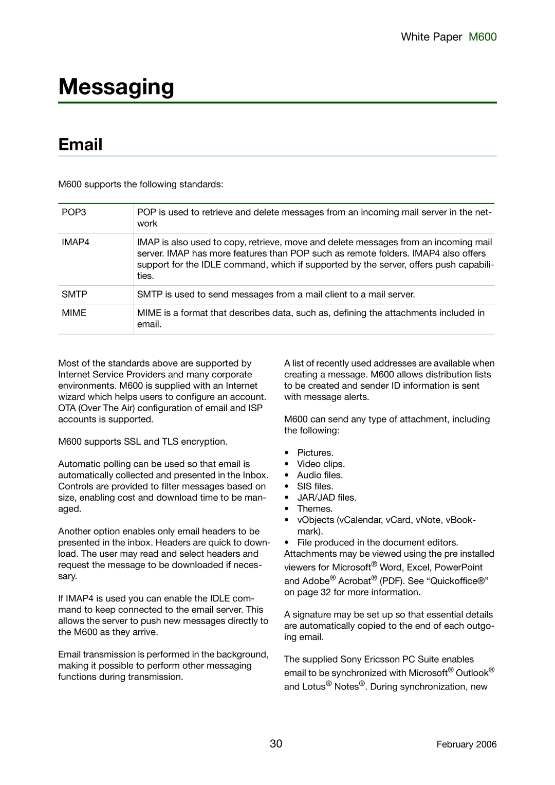 Sony Ericsson M600 manual Messaging, POP3, IMAP4, Smtp, Mime 