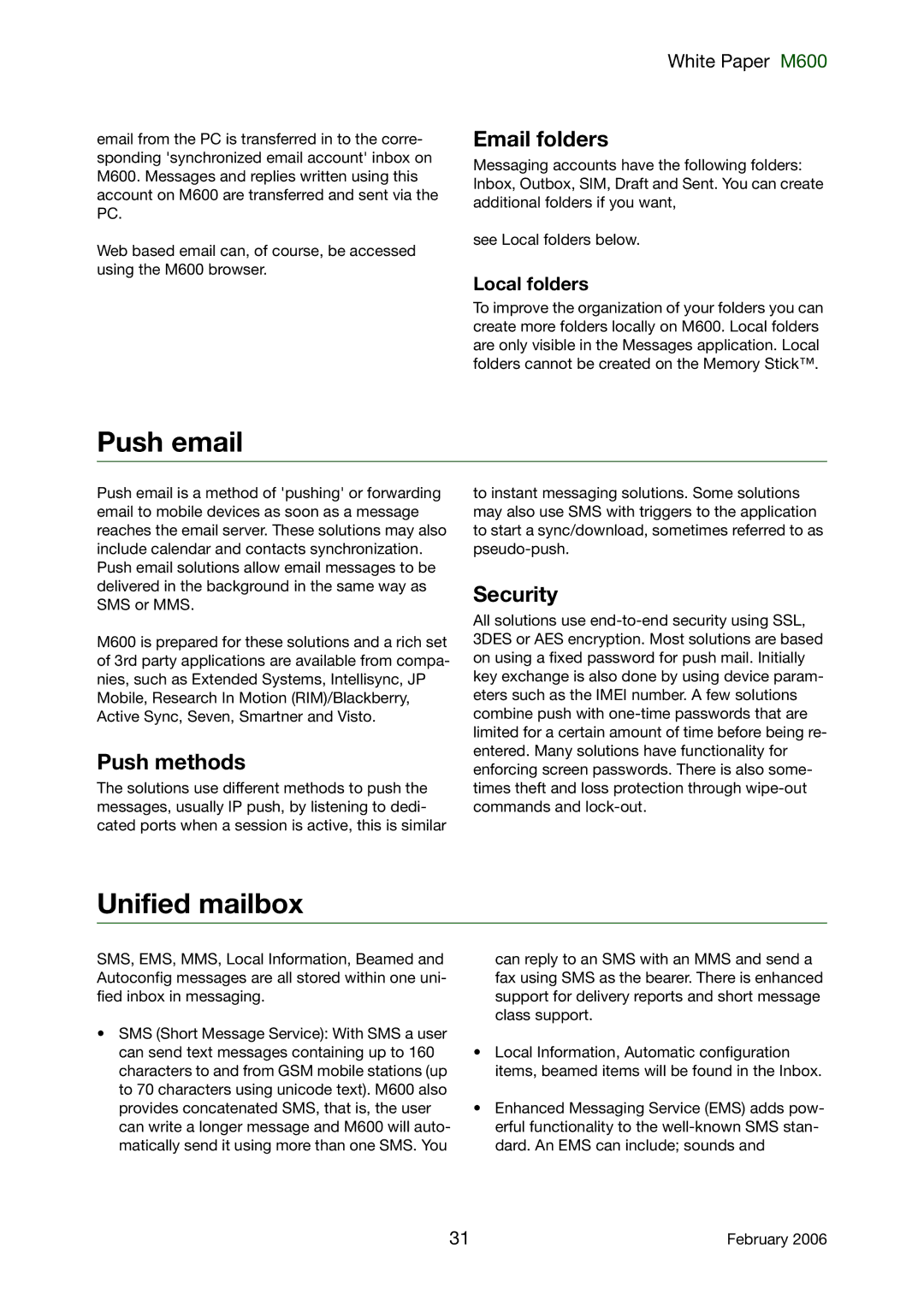 Sony Ericsson M600 manual Push email, Unified mailbox, Email folders, Push methods, Security 