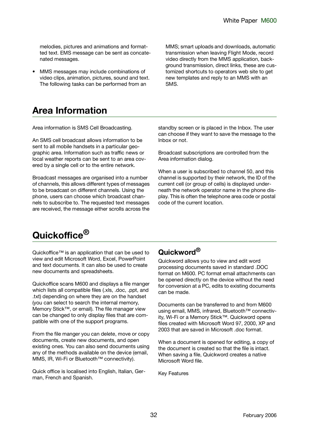 Sony Ericsson M600 manual Area Information, Quickoffice, Quickword 