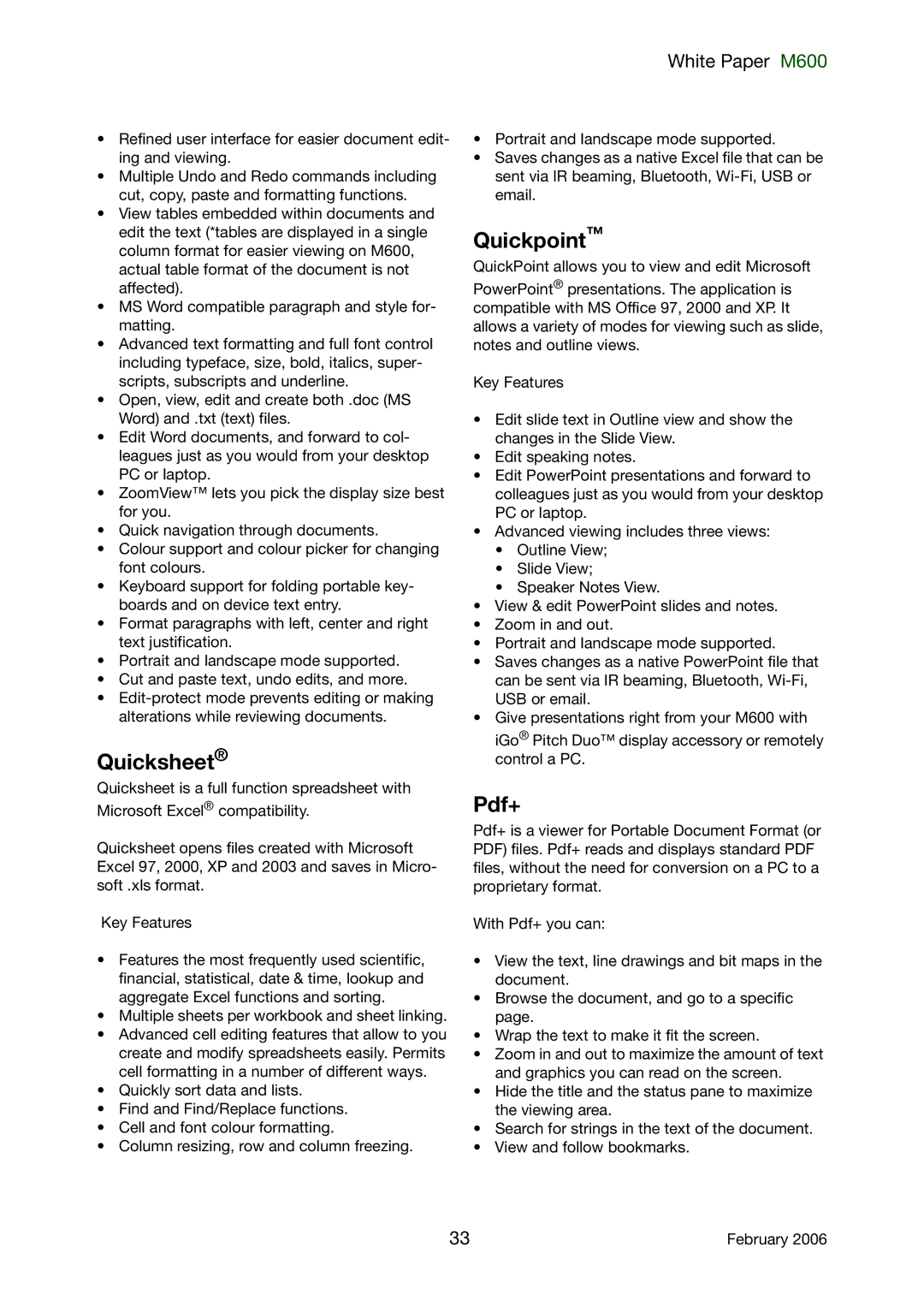 Sony Ericsson M600 manual Quicksheet, Quickpoint 