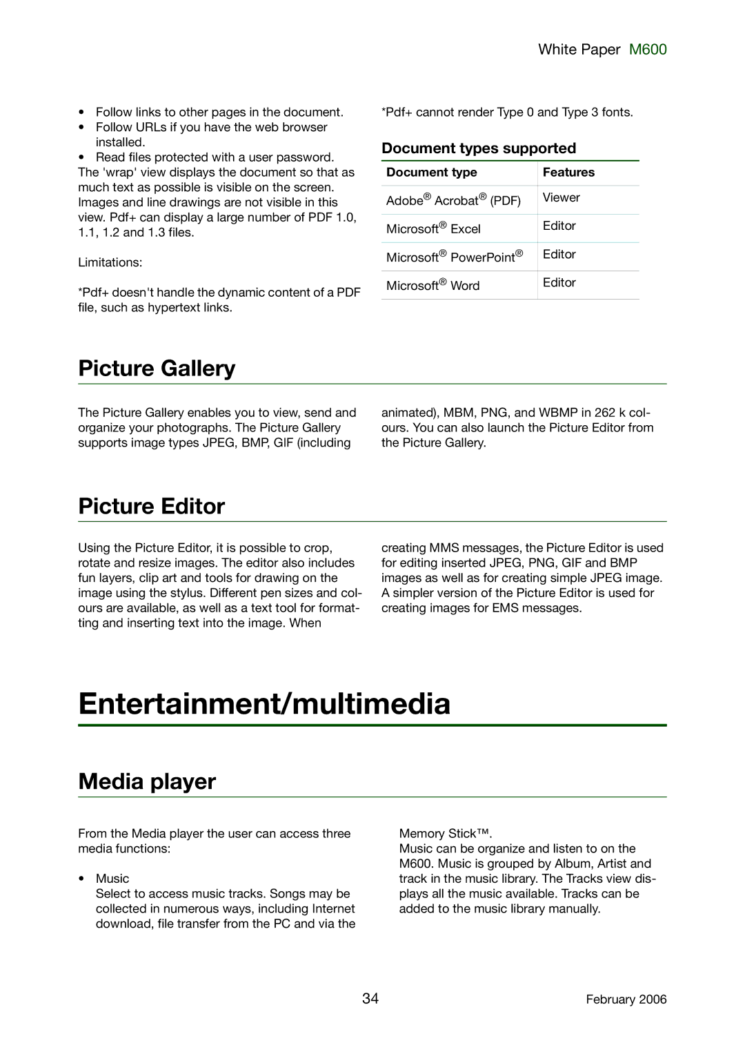 Sony Ericsson M600 manual Entertainment/multimedia, Picture Gallery, Picture Editor, Media player, Document types supported 
