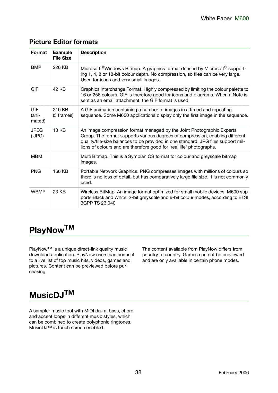 Sony Ericsson M600 manual PlayNowTM, MusicDJTM, Picture Editor formats, Format Example Description File Size 