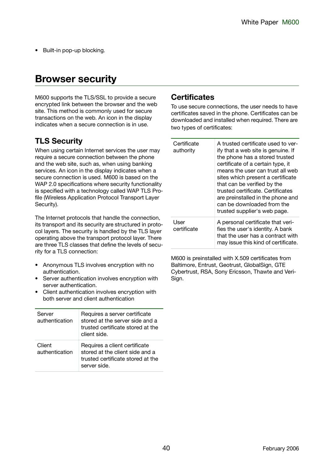 Sony Ericsson M600 manual Browser security, TLS Security, Certificates 