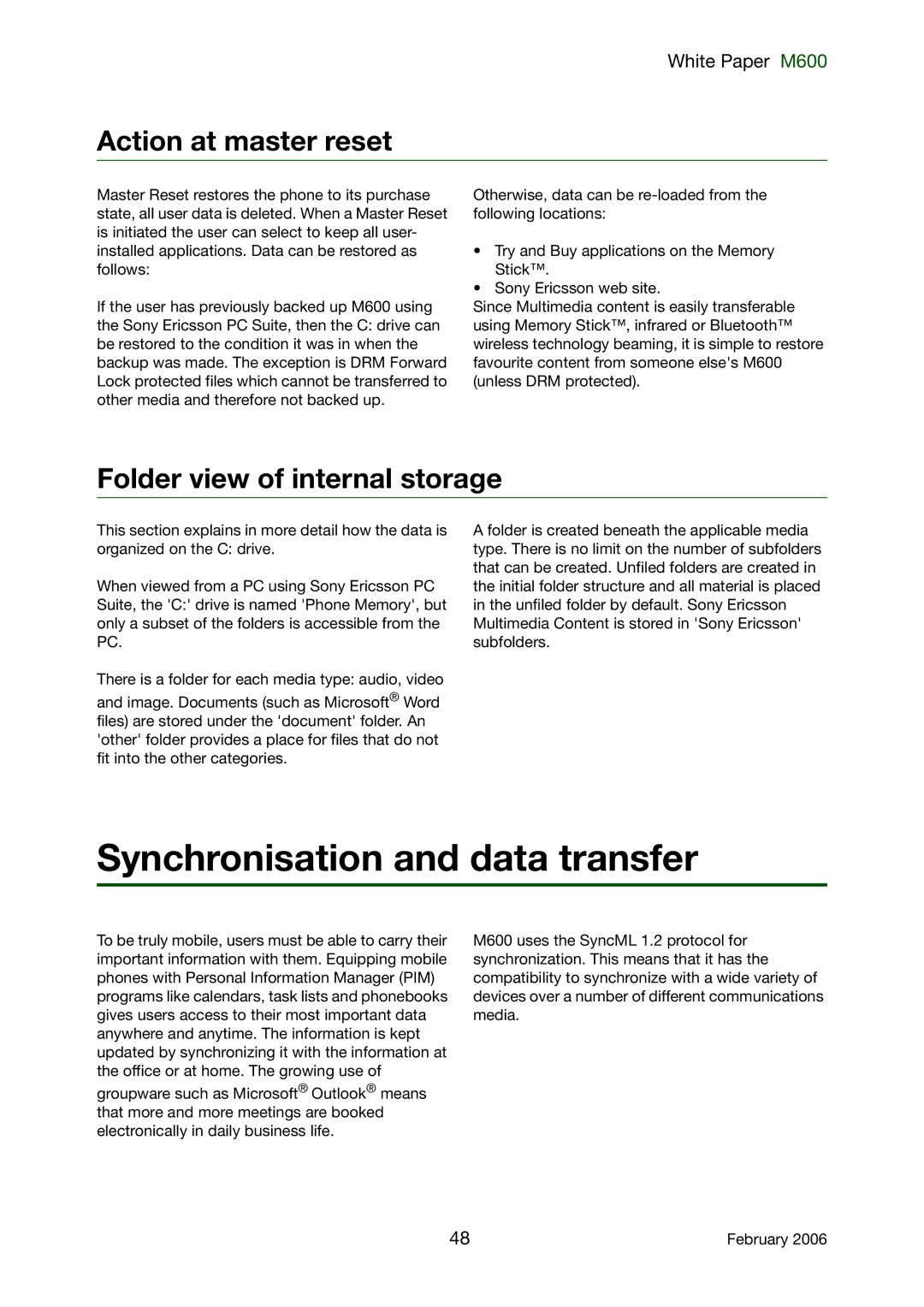 Sony Ericsson M600 manual Synchronisation and data transfer, Action at master reset, Folder view of internal storage 