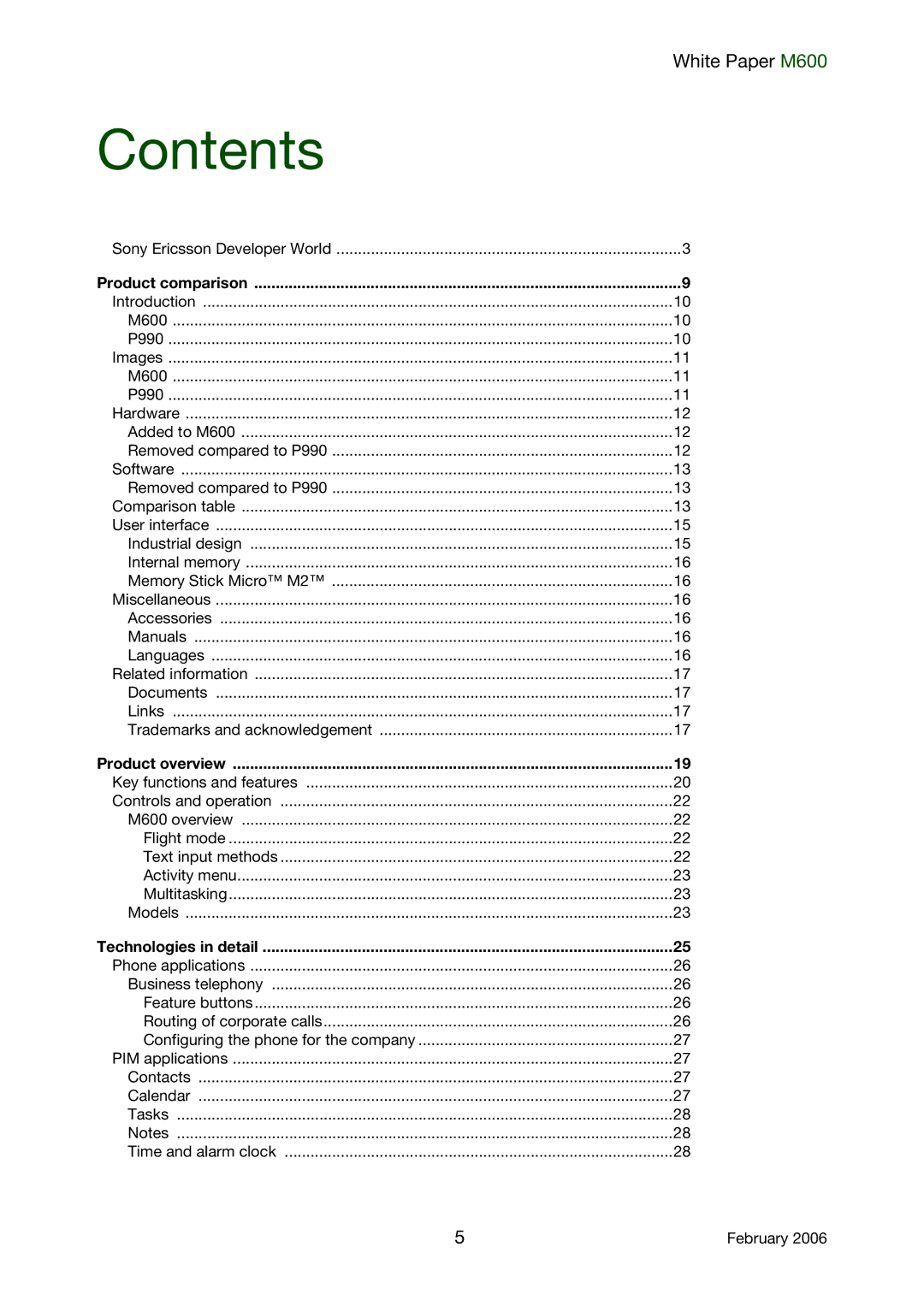 Sony Ericsson M600 manual Contents 