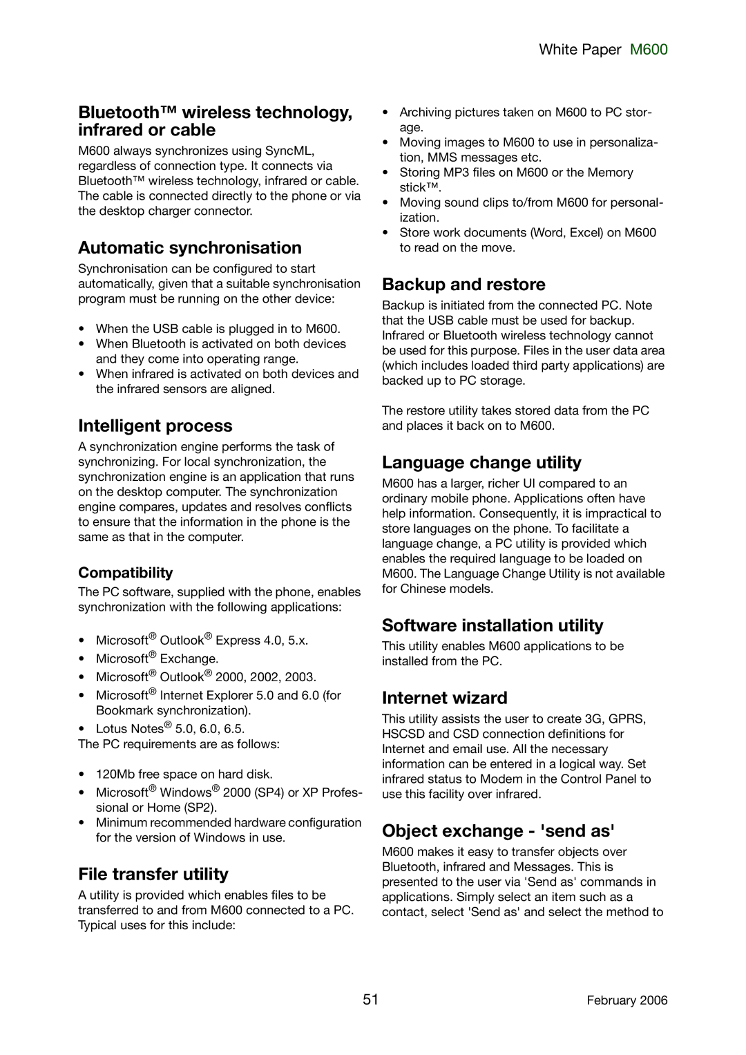 Sony Ericsson M600 manual Bluetooth wireless technology, infrared or cable, Automatic synchronisation, Intelligent process 