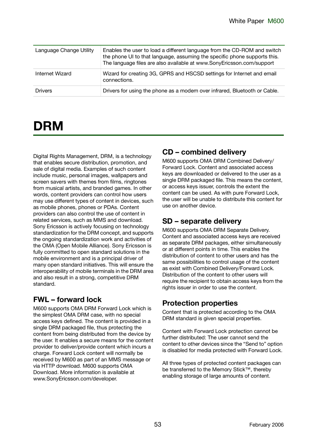 Sony Ericsson M600 manual CD combined delivery, SD separate delivery, FWL forward lock Protection properties 