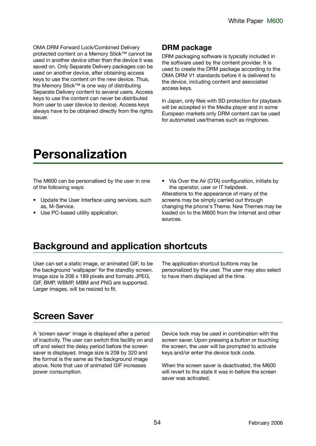 Sony Ericsson M600 manual Personalization, Background and application shortcuts, Screen Saver, DRM package 