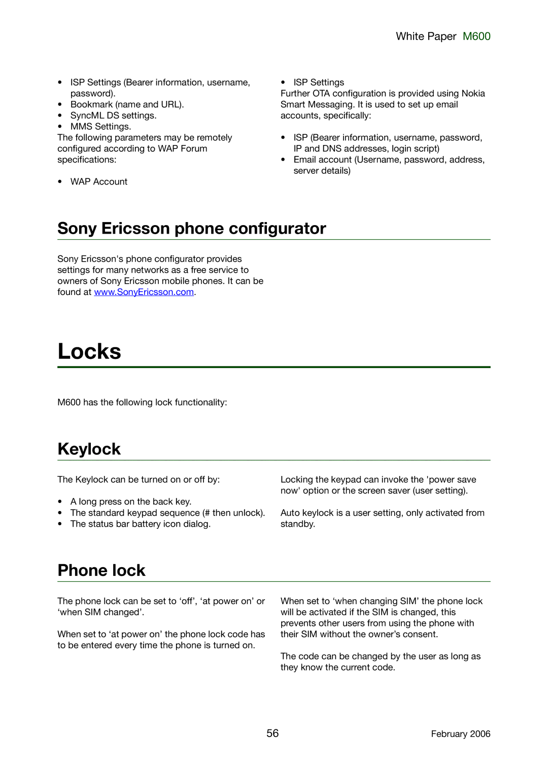 Sony Ericsson M600 manual Locks, Sony Ericsson phone configurator, Keylock, Phone lock 